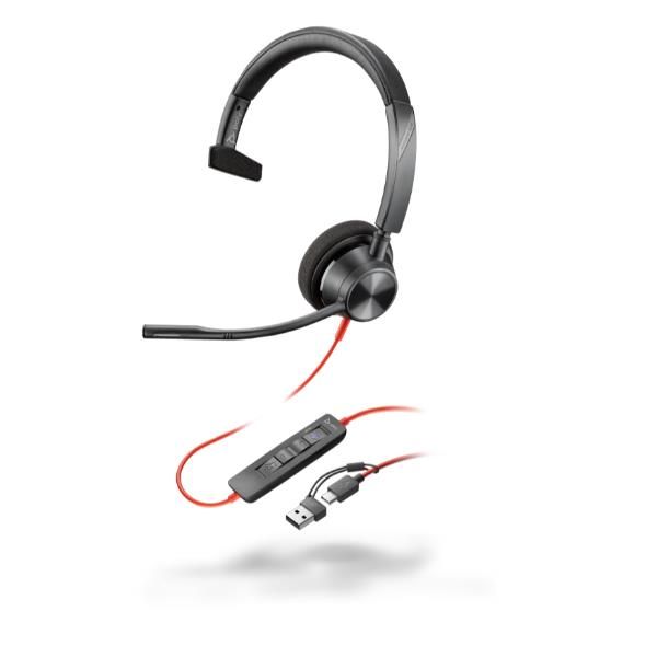 foto del prodotto poly cuffie monoaurali blackwire 3310 con connettore usb c, certificate per microsoft teams adattatore usb c a