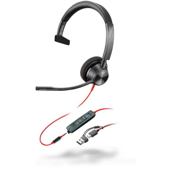 foto del prodotto poly cuffie monoaurali blackwire 3315 con connettore usb c, certificate per microsoft teams spina da 3,5 mm adattatore usb c a