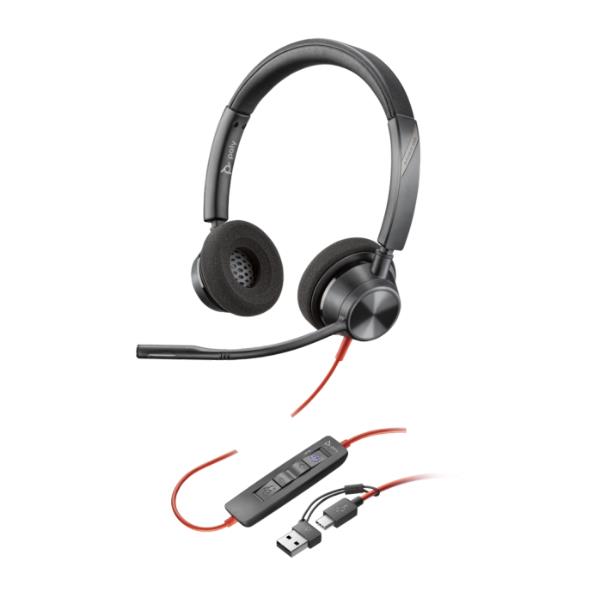 foto del prodotto poly cuffie stereo blackwire 3320 con connettore usb c, certificate per microsoft teams adattatore usb c a