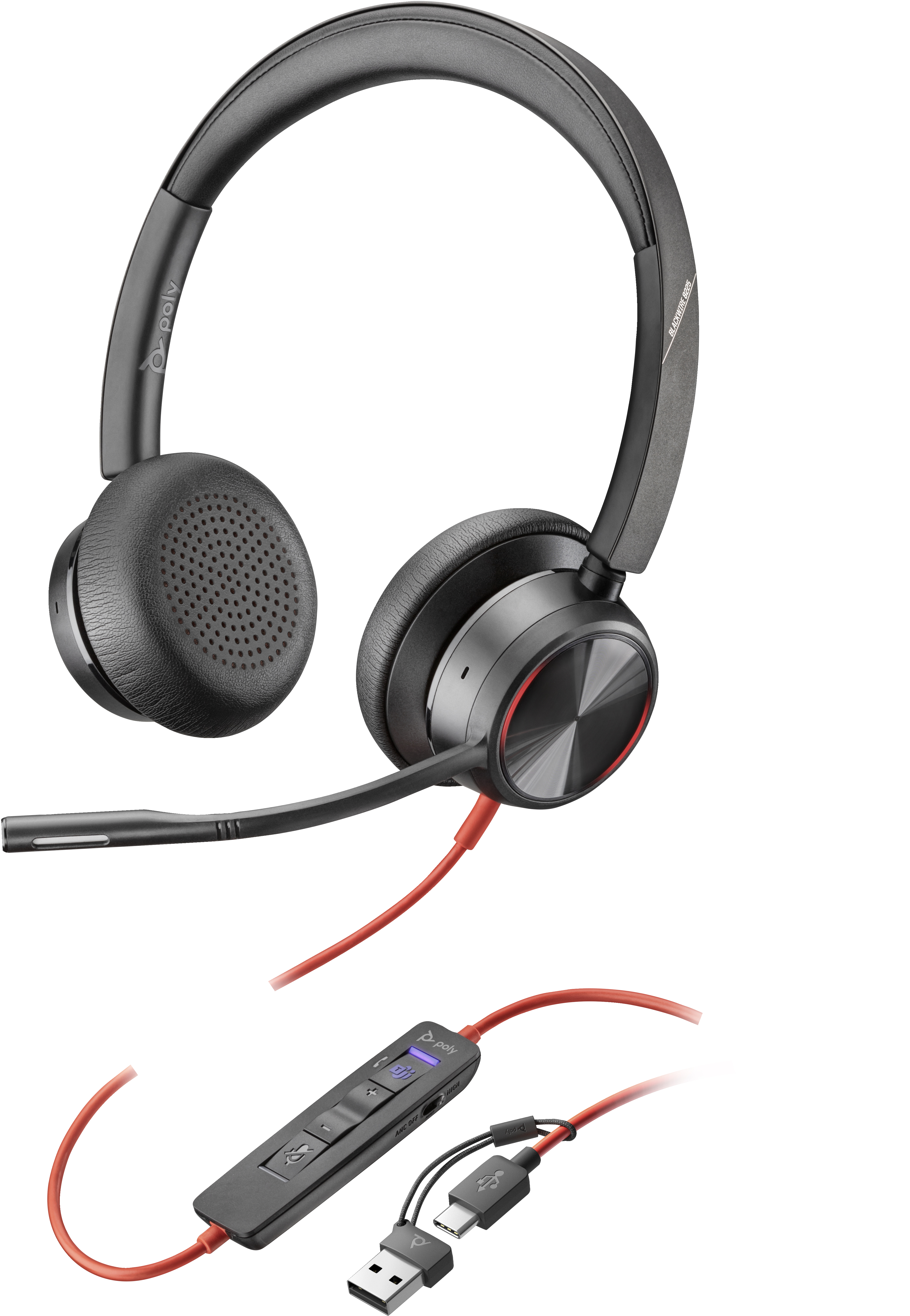 foto del prodotto poly cuffie stereo blackwire 8225 con connettore usb c, certificate per microsoft teams adattatore usb c a