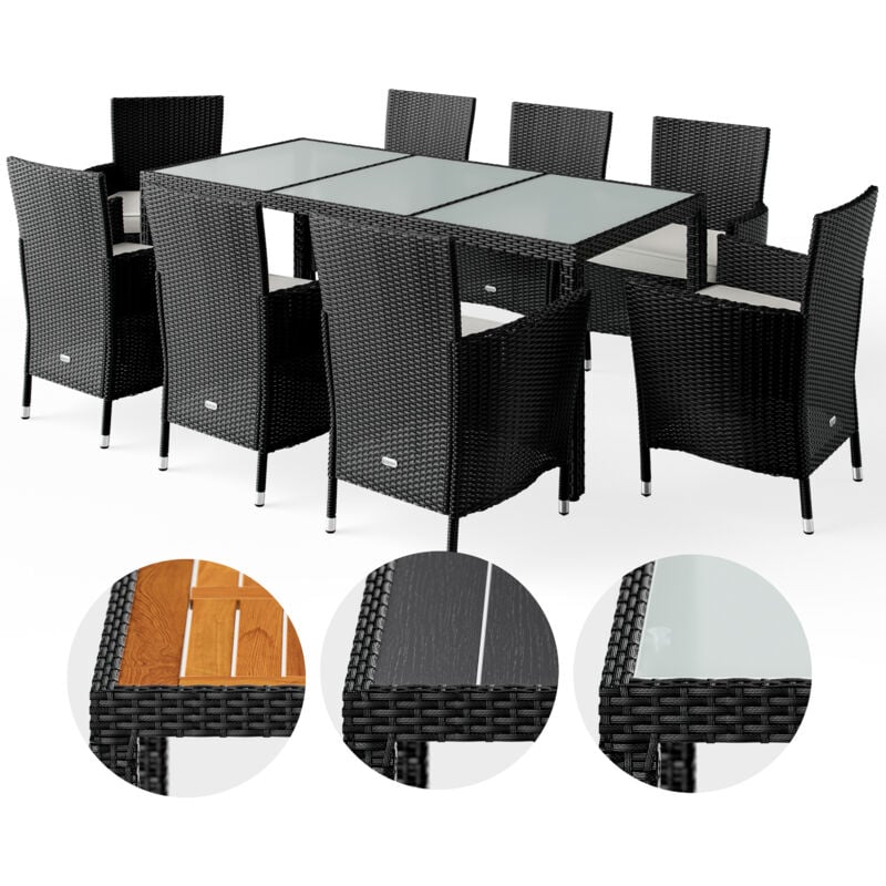 foto del prodotto poly rattan set 8 sedie impilabili + tavolo con 7cm di copritavolo in vetro satinato set di sedie e tavolo set di mobili da giardino set nero