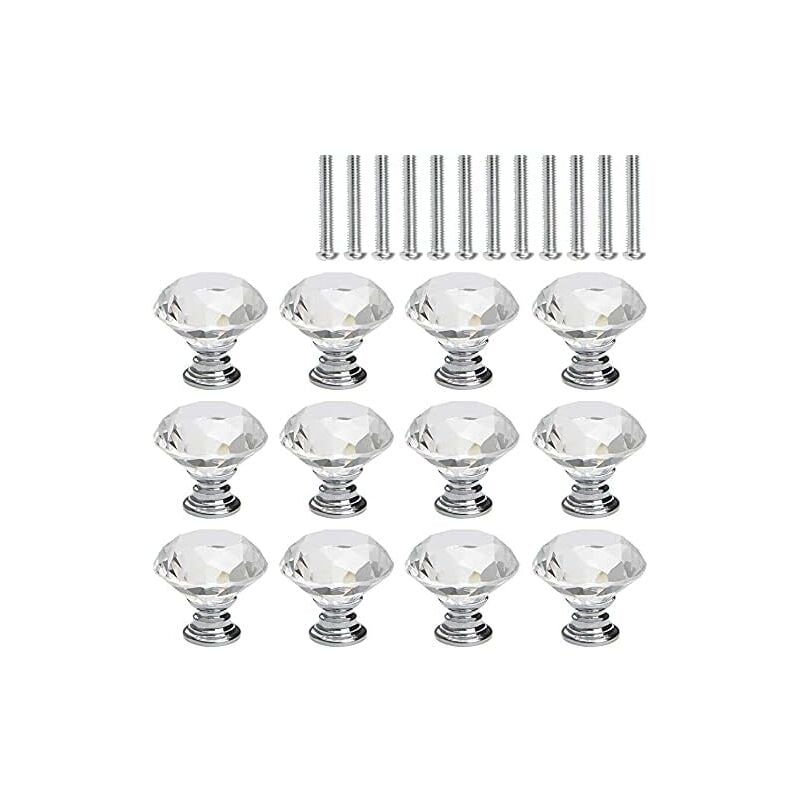 foto del prodotto pomelli e maniglie per mobili, 12 pezzi pomelli per mobili in cristallo, base in argento con viti lunghe 25 mm, 3030 mm
