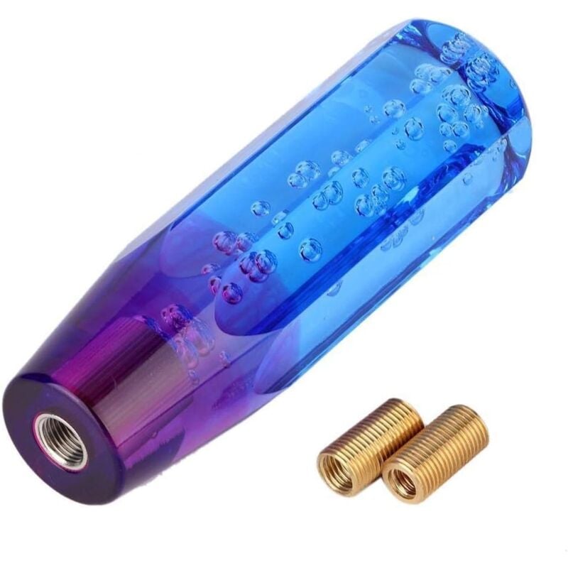 foto del prodotto pomello del cambio blu, testa della leva del pomello del cambio manuale universale a bolle di cristallo bicolore con giunto filettato da 8 mm 10 mm
