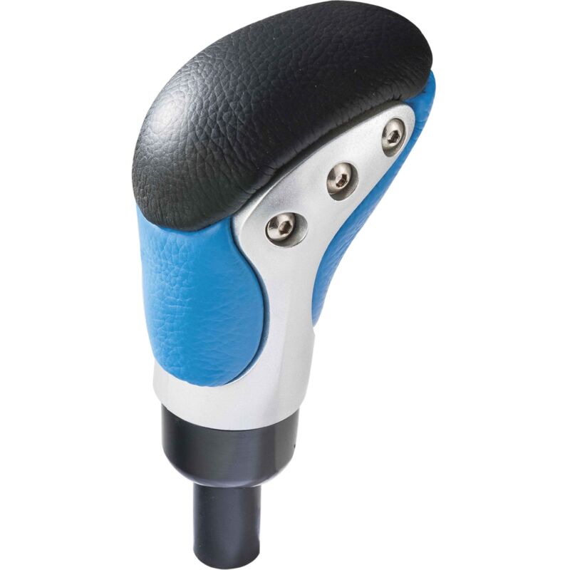 foto del prodotto pomello del cambio in pelle blu e nera