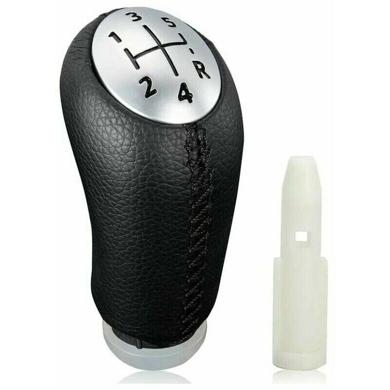 foto del prodotto pomello del cambio manuale in pelle nera con adattatore per renault clio iii 2005 09, megane 2 e laguna 2003 09.