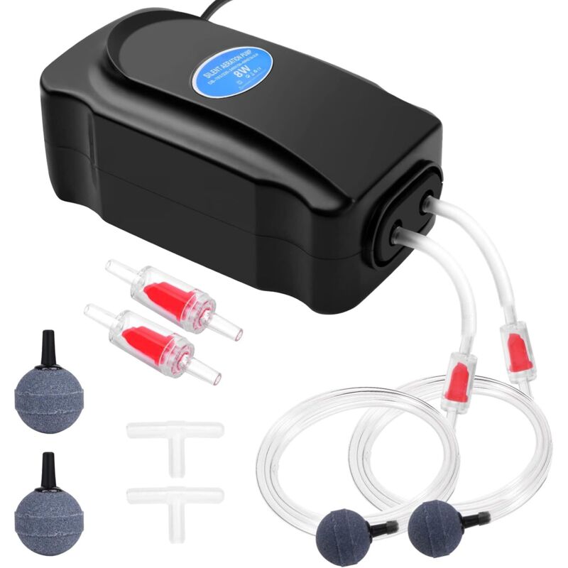 foto del prodotto pompa d aria per acquari, 8w, potente e regolabile, con doppia uscita, per acquari da 5 a 300 litri, ultra silenziosa, con tubo flessibile da 2 m,