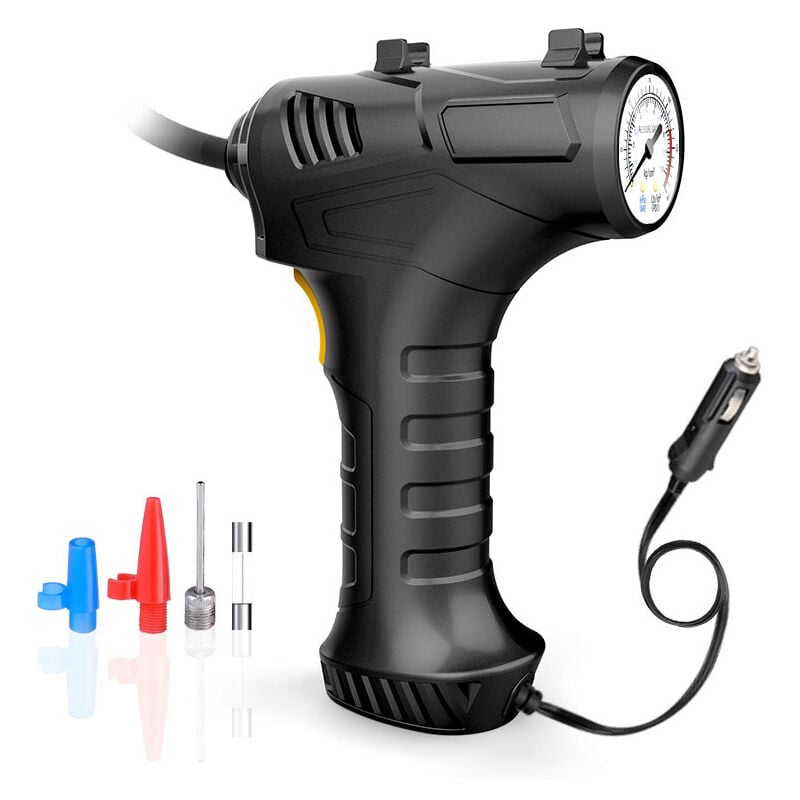 foto del prodotto pompa d aria portatile per auto da 120 w, compressore d aria, gonfiatore per pneumatici, manometro con luce led, per auto, moto, bicicletta, palloni