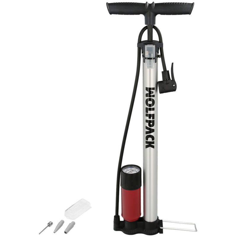 foto del prodotto pompa di gonfiaggio per bicicletta con manometro. valvola a doppio ugello presta e schrader. con adattatori. 32 x 500 mm. 10 bar 160 psi.