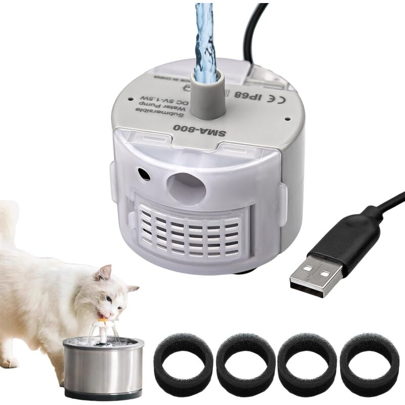 foto del prodotto pompa di ricambio per fontana per gatti in acciaio inossidabile da 2,5 l con 4 elementi filtranti di ricambio, dc 5 v, 1,5 w