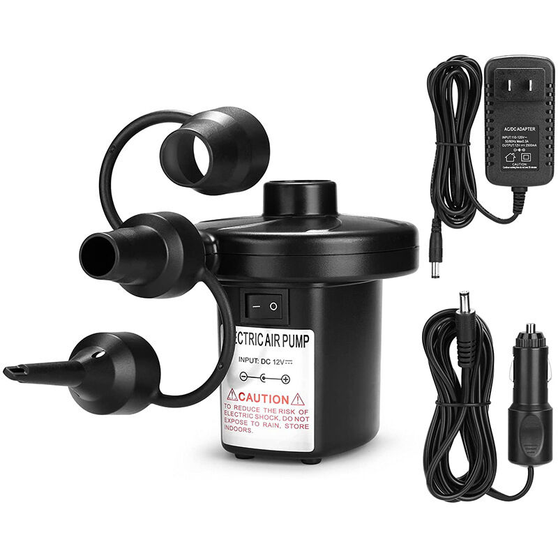 foto del prodotto pompa elettrica per aria con 3 ugelli, 110 v ca 12 v cc, perfetta pompa portatile per gonfiaggio sgonfiaggio rapido, adatta per campeggio all aperto,