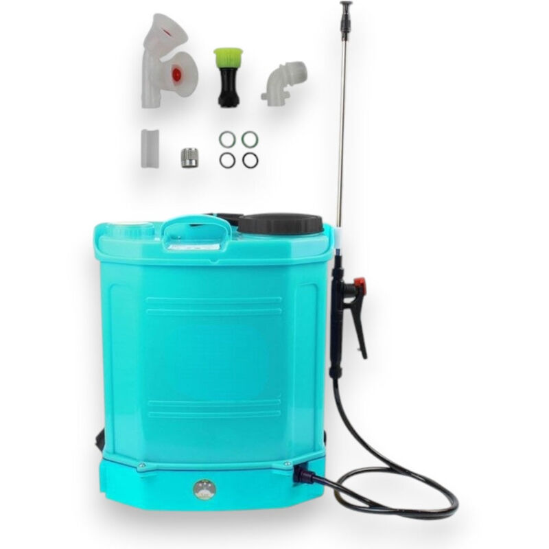 foto del prodotto pompa irroratrice atomizzatore a zaino con batteria 12v e lancia in acciaio e ottone 16 lt