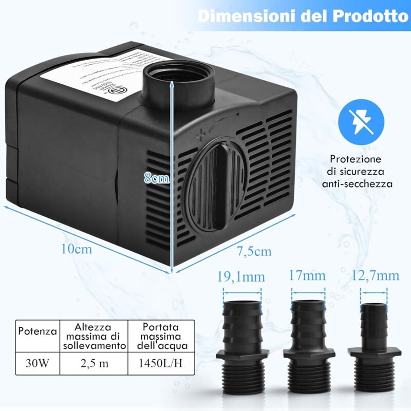 foto del prodotto pompa per acqua sommersa, pompa per fontana con altezza di sollevamento di 2,2m 2,5m, 3 ugelli, ultra silenzioso, pompa per fontana d acqua per
