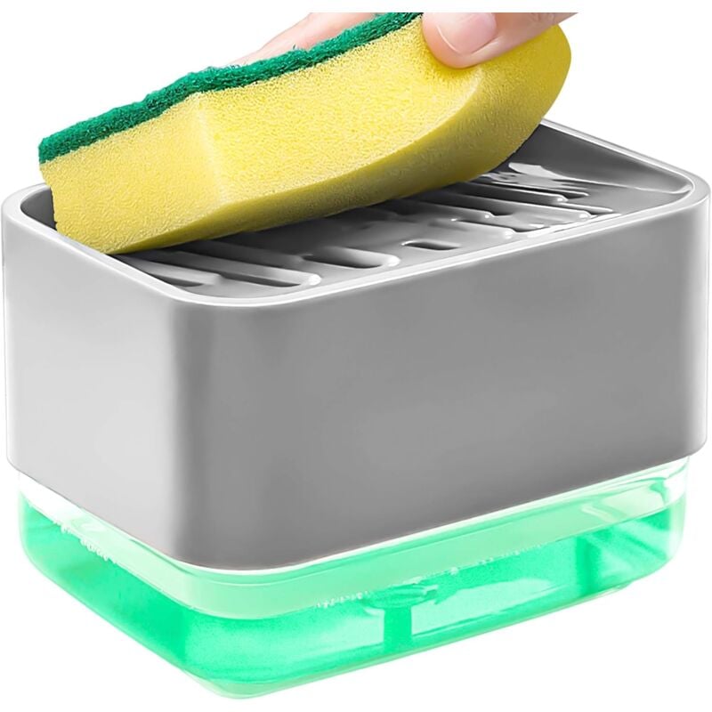 foto del prodotto pompa per dispenser di sapone, dispenser di sapone 2 in 1 e porta spugna, dispenser di sapone ricaricabile per cucina grigio 