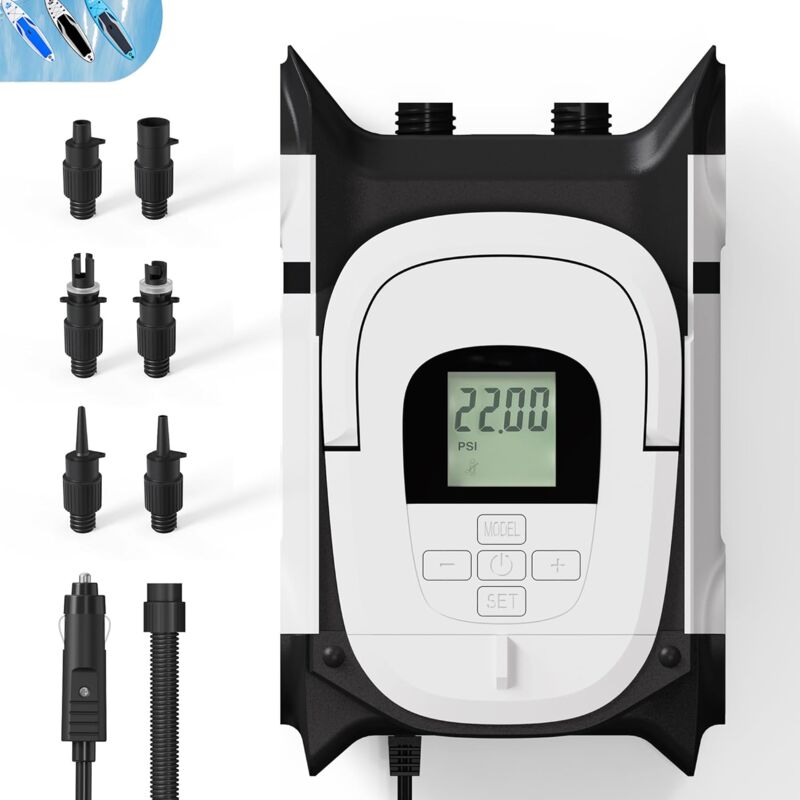 foto del prodotto pompa per paddle board con spegnimento automatico, doppi motori per gonfiare sup e barche, pompa elettrica portatile per paddleboard con connettore