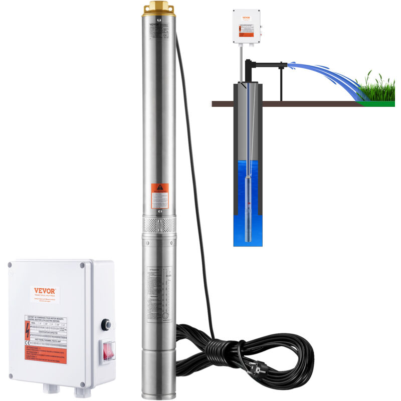 foto del prodotto pompa sommergibile per pozzi profondi, ip68 2200w 230 v, massima portata 9,8 m h prevalenza 144m, cavo elettrico 19,4 m, scatola controllo acciaio