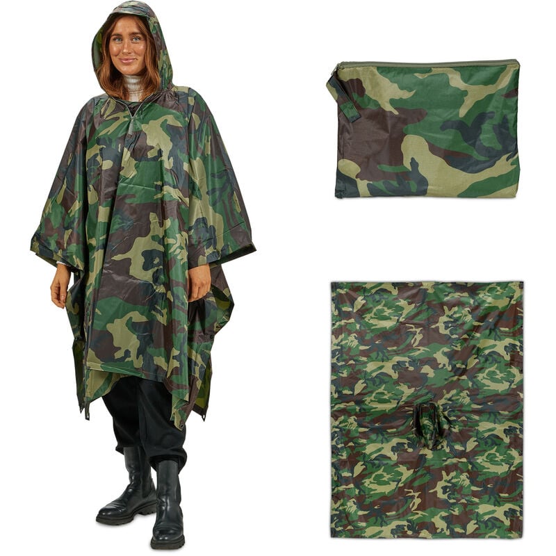 foto del prodotto poncho antipioggia dal design militare, con cappuccio, mantellina donne e uomini, impermeabile, verde marrone relaxdays