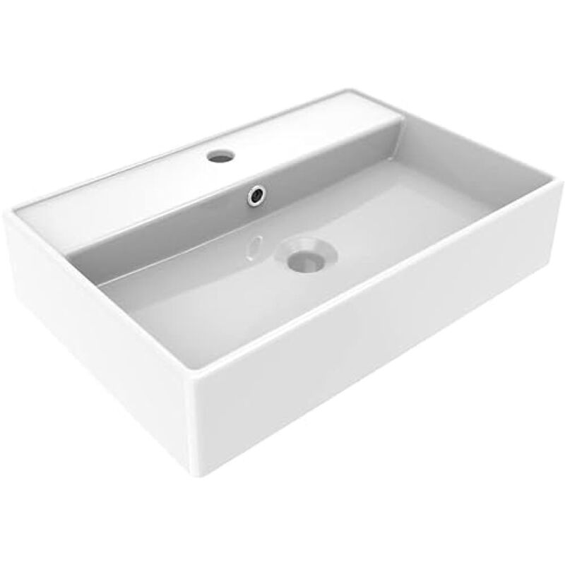 foto del prodotto ponsi ercos lavabo d appoggio in ceramica rettangolare , lavabo bagno colore bianco lucido con troppopieno integrato, dimensioni 560x380 mm