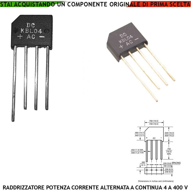 foto del prodotto ponte diodi raddrizzatore monofase serie kbl04 contenitore ermetico 4 reofori montaggio su circuito stampato tramite fori passanti a saldare tensione