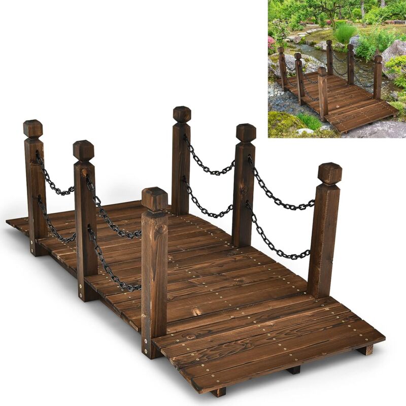 foto del prodotto ponticello decorativo,in legno di massello carbonizzata da giardino, ad arco, con 6 corrimani, ringhiere, ideale per parco, cortile, portata di 200