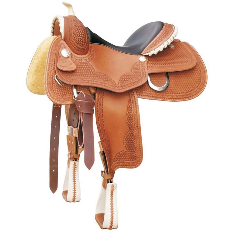 foto del prodotto pool s 16 , marrone chiaro naturale sella western genuine modello reining butterfly in cuoio harness con riporti in rawhide 9002