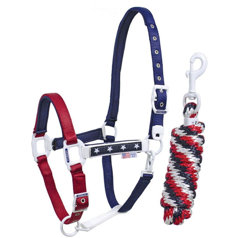 foto del prodotto pool s cob, america usa flag cavezza in nylon stelle e colori usa con lunghina, fibbie bianche, imbottitura in neoprene e doppia regolazione