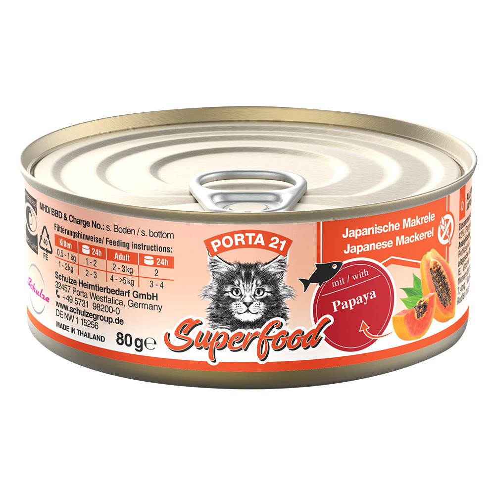foto del prodotto porta 21 superfood 6 x 80 g alimento umido per gatti sgombro con papaya