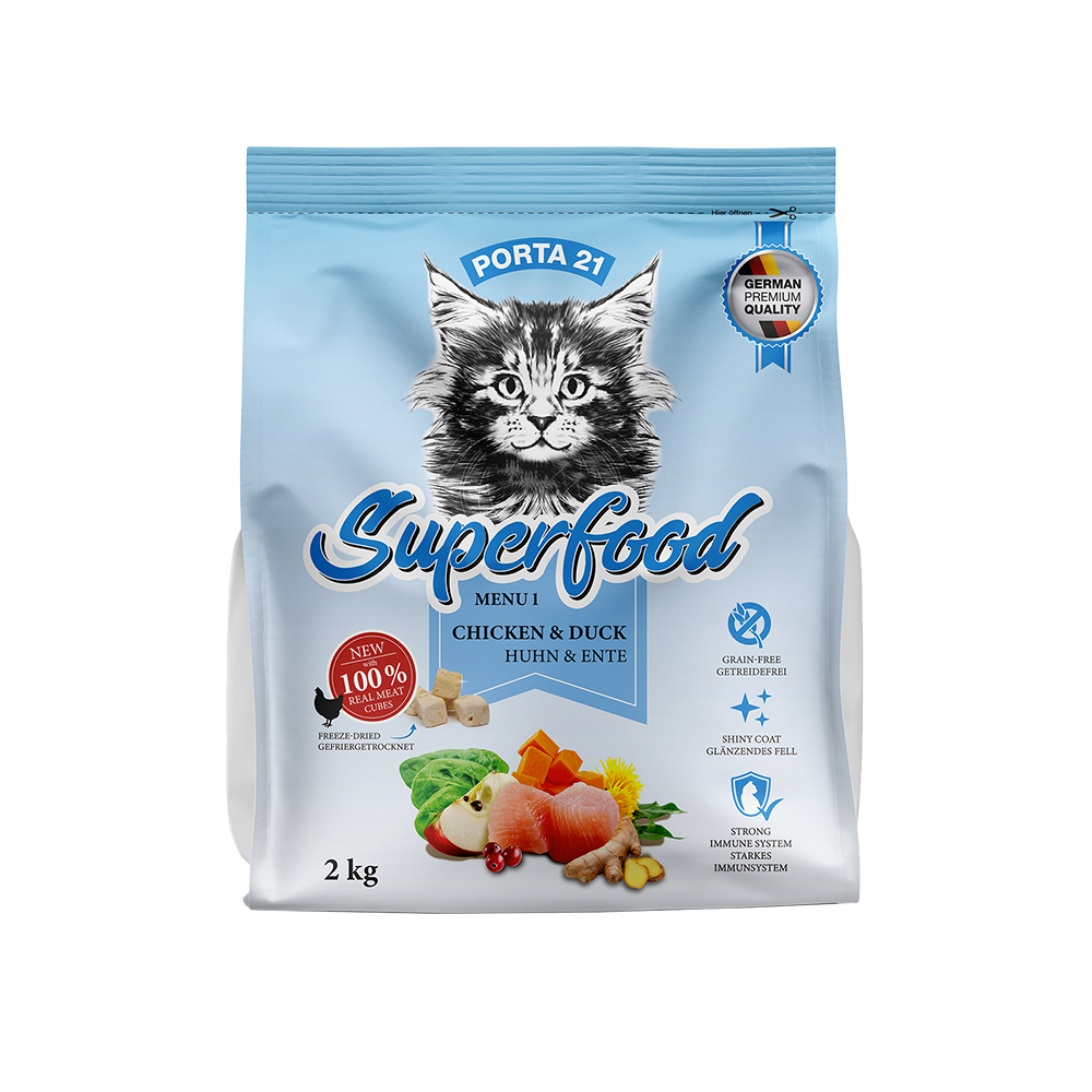 foto del prodotto porta 21 superfood menu 1 con pollo anatra crocchette per gatti 2 kg