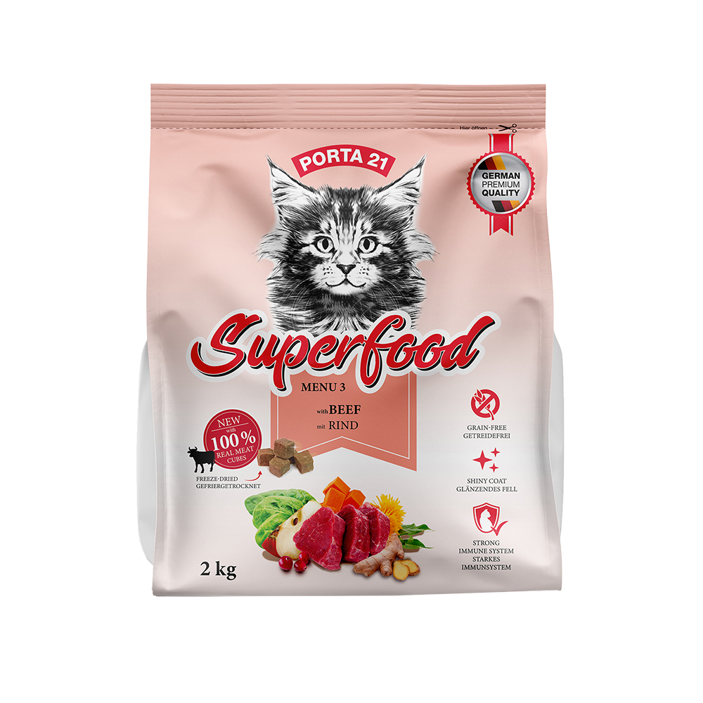 foto del prodotto porta 21 superfood menu 3 con manzo crocchette per gatti 2 kg