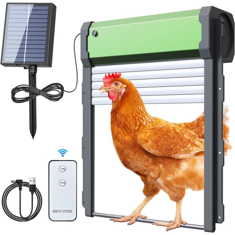 foto del prodotto porta a rullo solare per pollaio, porta solare automatica per pollaio con timer, sensore di luce, telecomando, protezione intelligente dallo