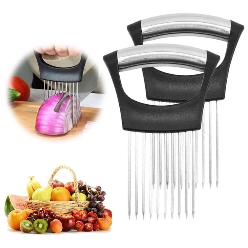 foto del prodotto porta affettatrice per cipolle in acciaio inox, affettatrice per limone, tagliaverdure, coltello da cucina, utensile per affettare carne, cipolle,