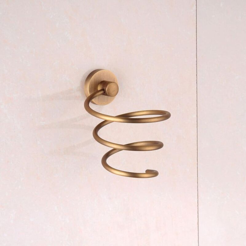 foto del prodotto porta asciugacapelli a spirale in ottone antico, portaoggetti, porta asciugacapelli, mensola a muro, organizer in alluminio, accessori per il bagno