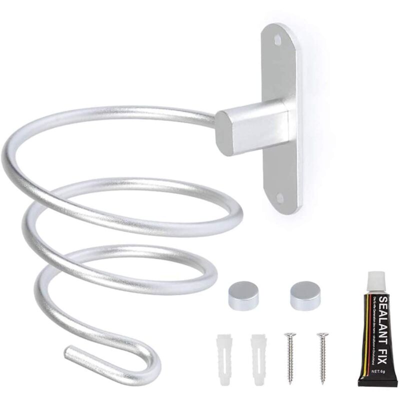 foto del prodotto porta asciugacapelli da parete con foratura per hotel, bagno, toilette, barbiere, alluminio, finitura opaca, argento, 1 pezzo. senza colla 