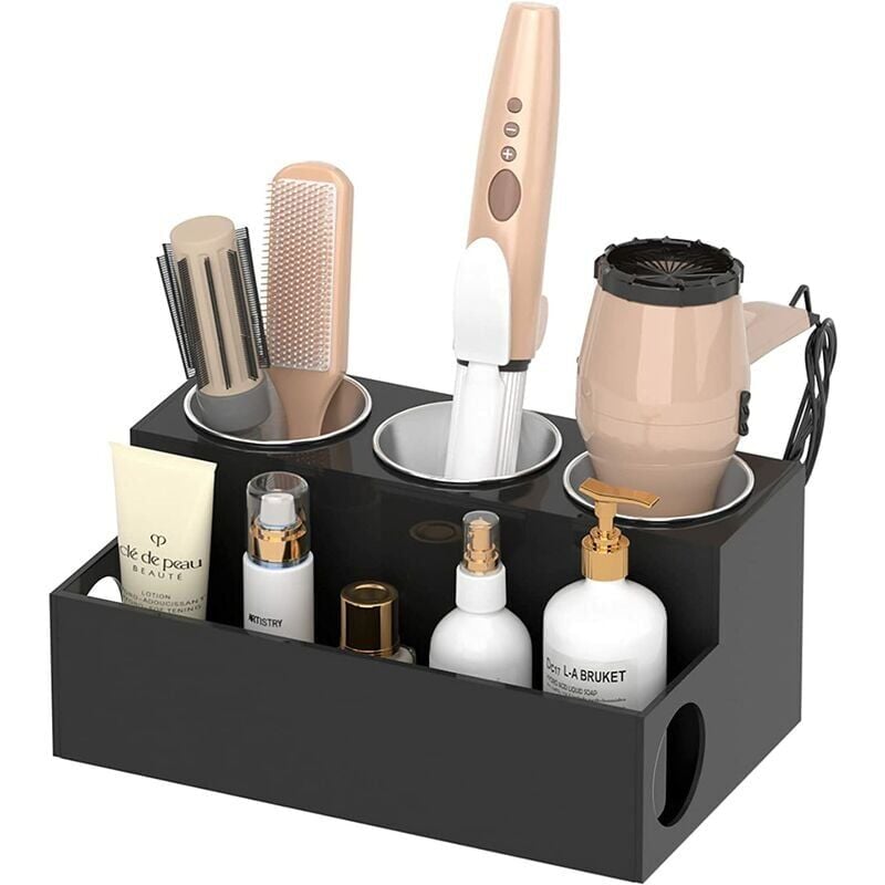 foto del prodotto porta asciugacapelli organizzatore per strumenti per capelli, asciugacapelli e organizzatore per lo styling in acrilico nero, porta asciugacapelli