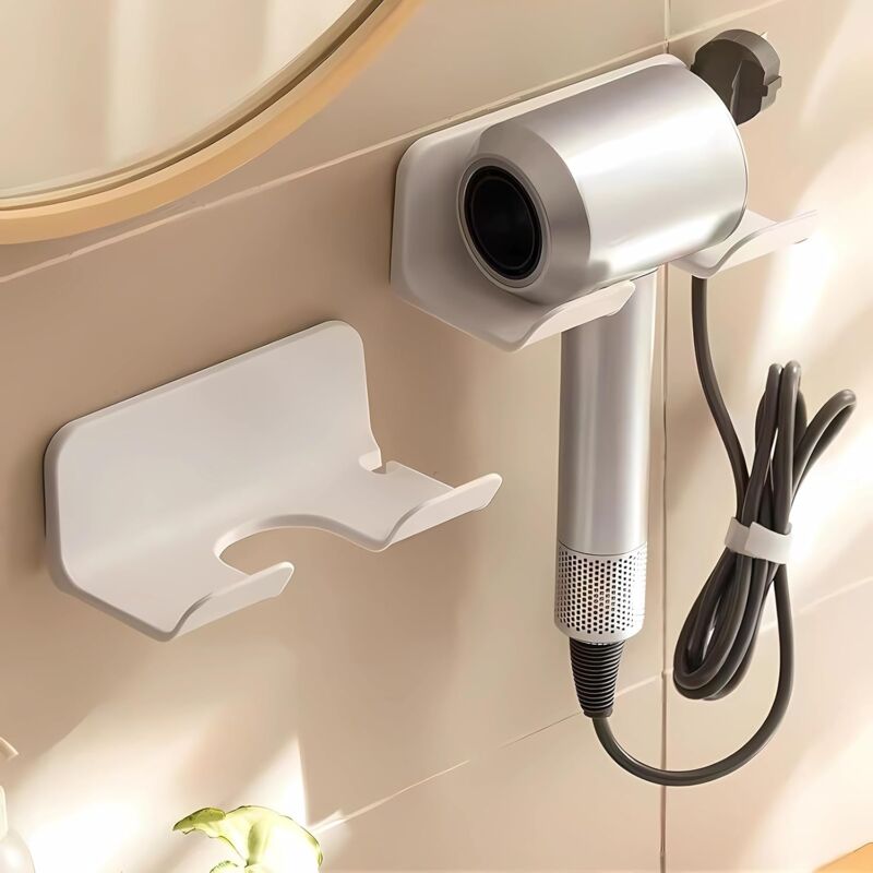 foto del prodotto porta asciugacapelli universale, porta asciugacapelli da parete, gancio con presa e organizer per cavi, autoadesivo per mobiletto del bagno 1