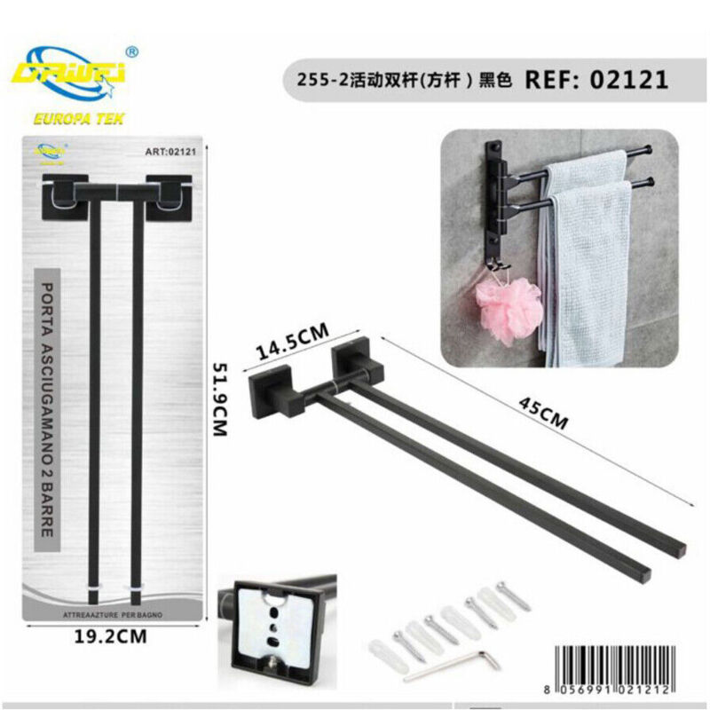 foto del prodotto porta asciugamani 2 aste supporto per bagno da muro asta casa nero 02121
