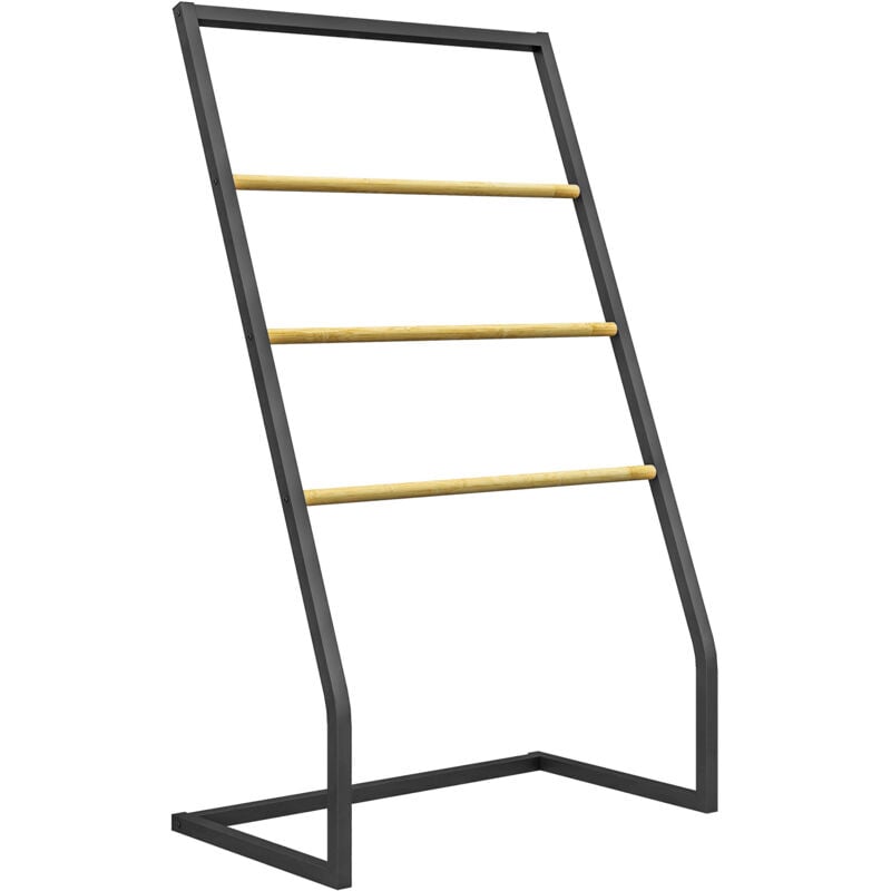 foto del prodotto porta asciugamani a 4 sbarre in acciaio e bamb 60x35x102 cm nero e legno homcom