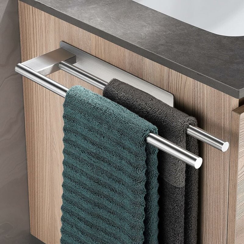 foto del prodotto porta asciugamani bagno portasciugamani doppio in acciaio inox adesivo porta salviette da parete per bagno cucina argento