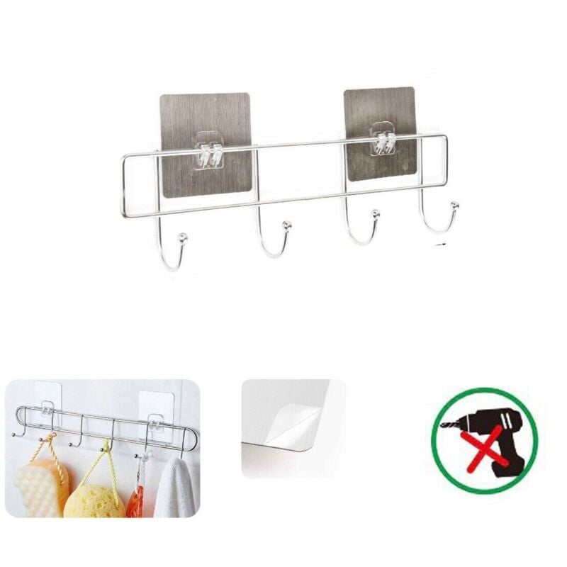 foto del prodotto porta asciugamani con 4 ganci bagno parete salviette gancio casa adesivo 03482