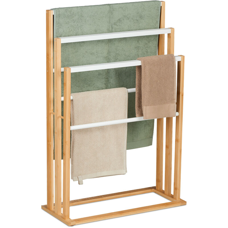 foto del prodotto porta asciugamani da terra in bamb , hlp 82 x 55 x 24 cm, portasalviette 6 bracci autoportante, marrone bianco relaxdays