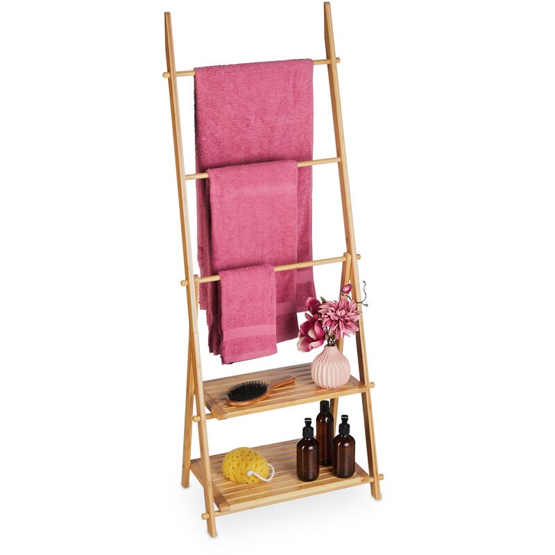 foto del prodotto porta asciugamani da terra in bamb , portasalviette 3 bracci, 2 ripiani, autoportante, 134x53x31,5 cm, marrone relaxdays