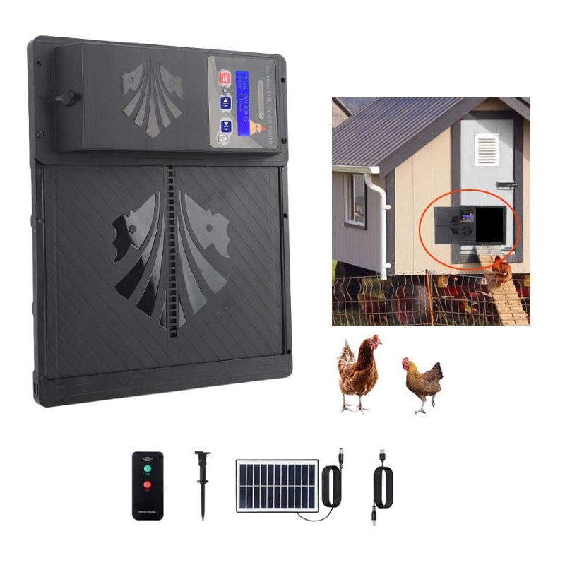 foto del prodotto porta automatica per pollaio alimentata ad energia solare ip45 impermeabile usb 3 in 1 apriporta automatico per pollaio con timer sensore di luce per