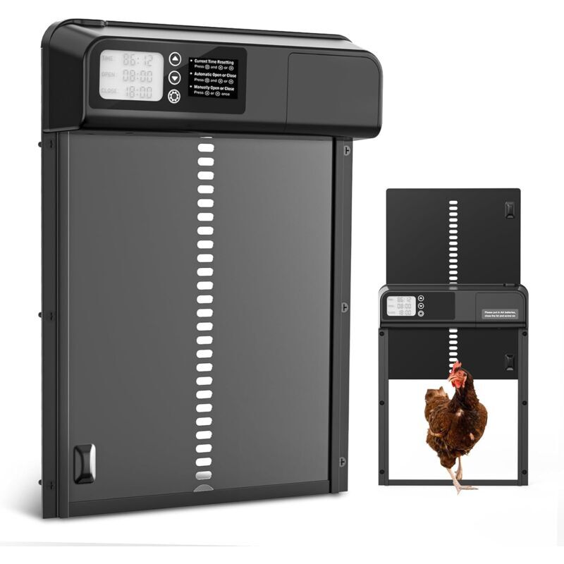 foto del prodotto porta automatica per pollaio alovez, apriporta con timer e apertura e chiusura manuale, porta automatica multimodale a batteria, aggiornamento xvx 2.0