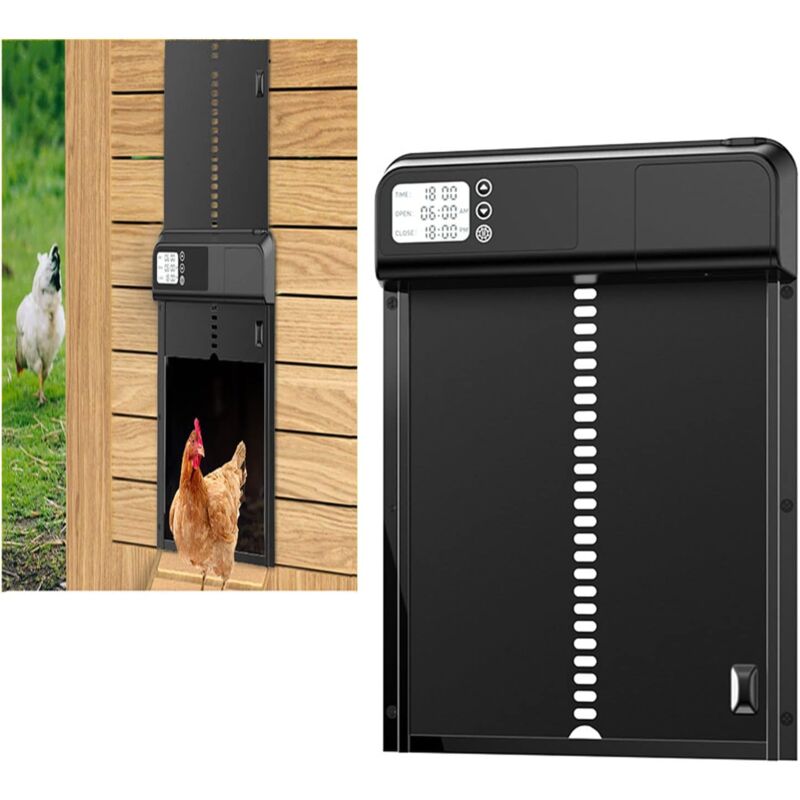 foto del prodotto porta automatica per pollaio, apriporta automatico impermeabile ipx3 con sensore di luce, funzionamento a batteria