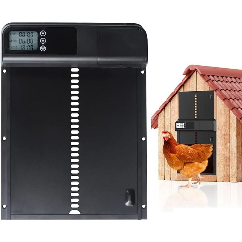 foto del prodotto porta automatica per pollaio con display lcd, porta per pollaio in lega di alluminio, alimentata a batteria, controllo timer e manuale, funzione