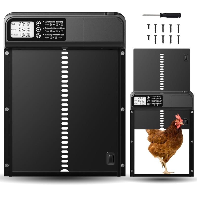 foto del prodotto porta automatica per pollaio con display lcd programmabile impermeabile, porta automatica per pollaio in lega di alluminio, funzionamento a batteria,