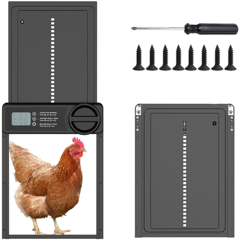 foto del prodotto porta automatica per pollaio con display lcd programmabile impermeabile, porta automatica per pollaio in lega di alluminio, funzionamento a batteria,