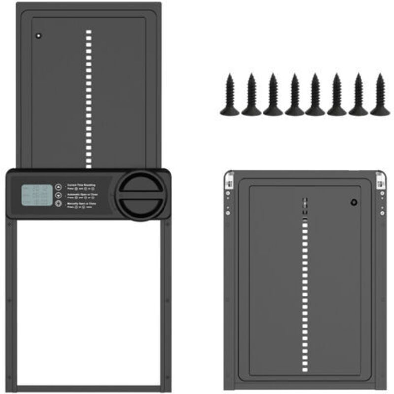 foto del prodotto porta automatica per pollaio con schermo lcd programmabile impermeabile, realizzata in lega di alluminio, alimentata a batteria, controllata tramite
