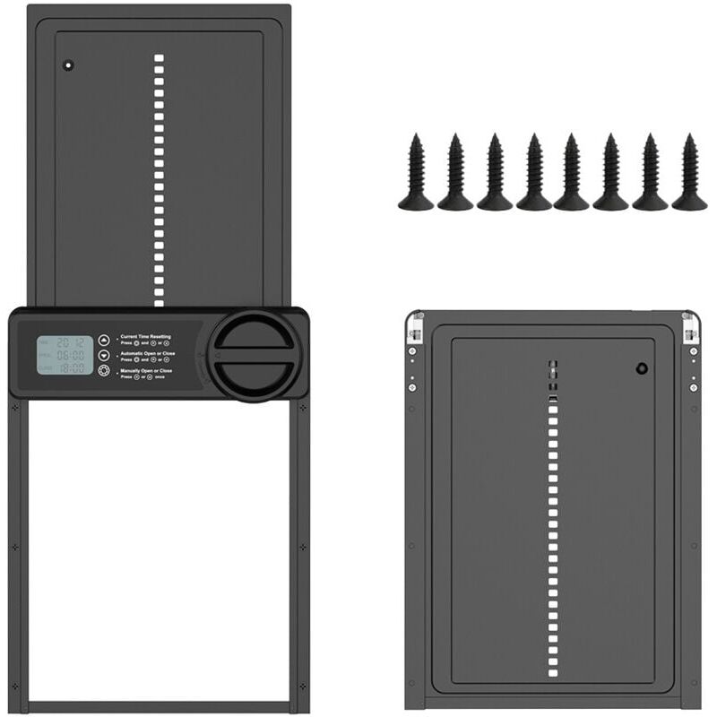 foto del prodotto porta automatica per pollaio con schermo lcd programmabile impermeabile, realizzata in lega di alluminio, alimentata a batteria, controllata tramite