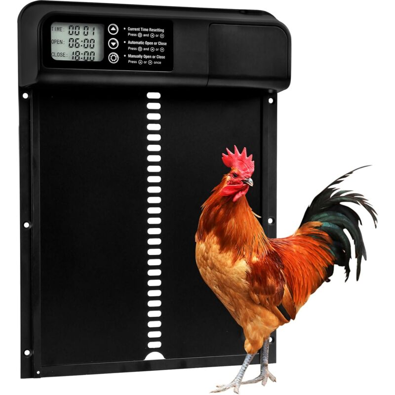 foto del prodotto porta automatica per pollaio con timer, porta automatica per pollaio design anti pizzicamento con schermo led, porta in alluminio per pollaio