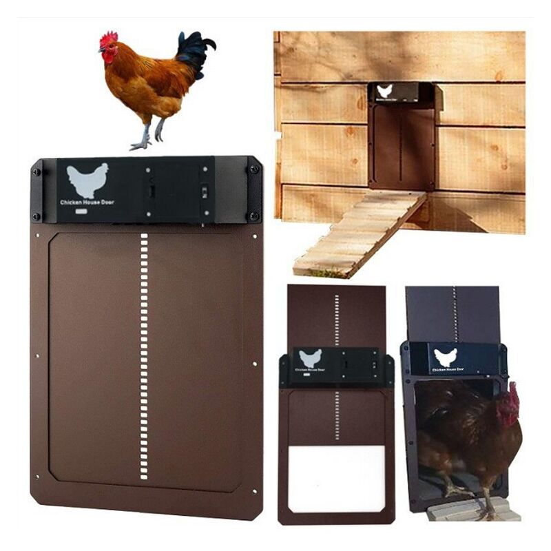 foto del prodotto porta automatica per pollaio marrone con sensore di luce porta per pollaio a induzione completamente impermeabile porta per pollaio